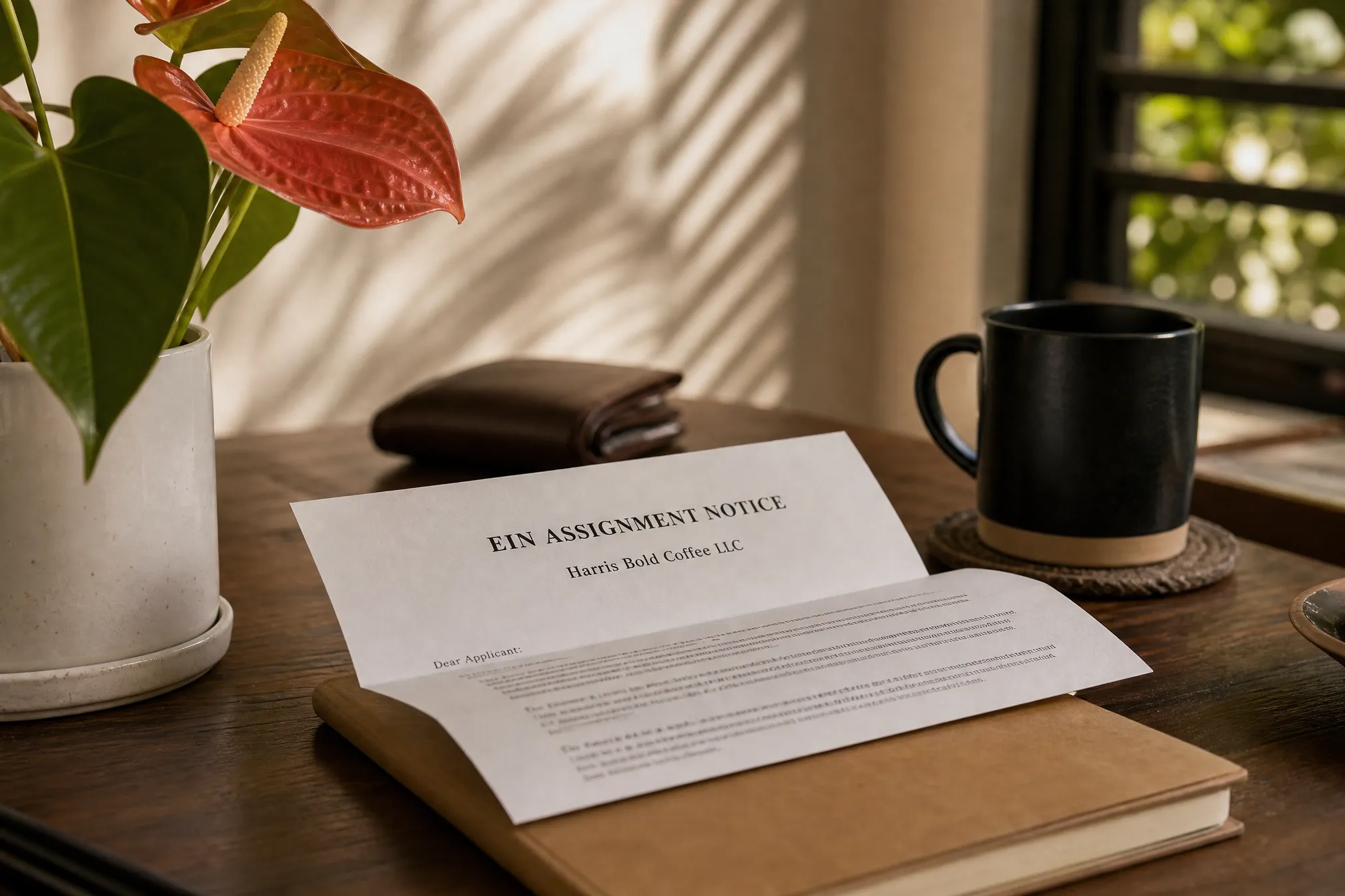 A folded EIN Assignment Notice on a walnut desk addressed to a sample LLC, with an anthurium, a leather wallet, and a black coffee mug nearby.