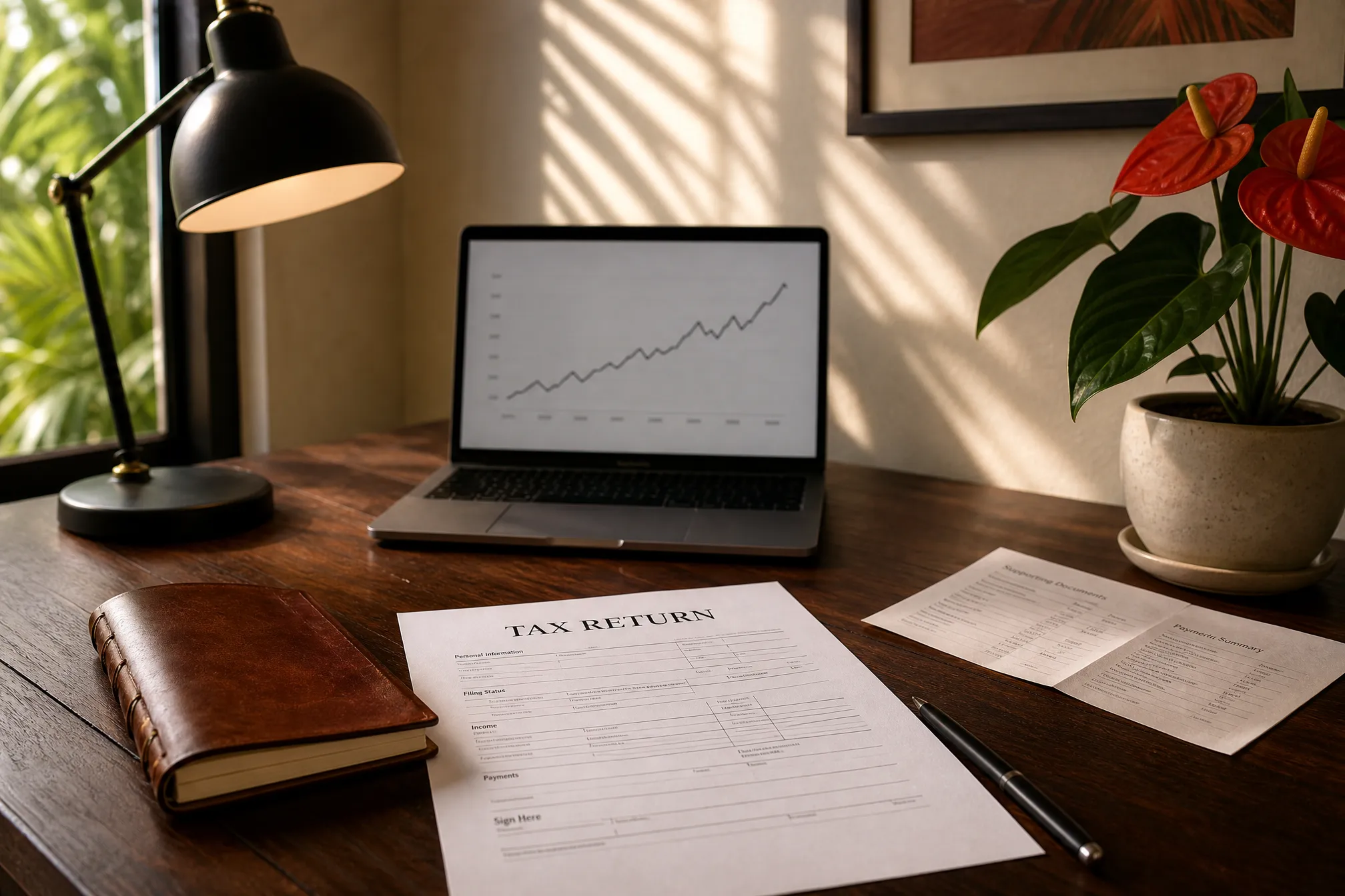 A 'TAX RETURN' form on a walnut desk beside a leather notebook and MacBook charting growth — the annual filing reality of foreign-owned US LLC taxes.