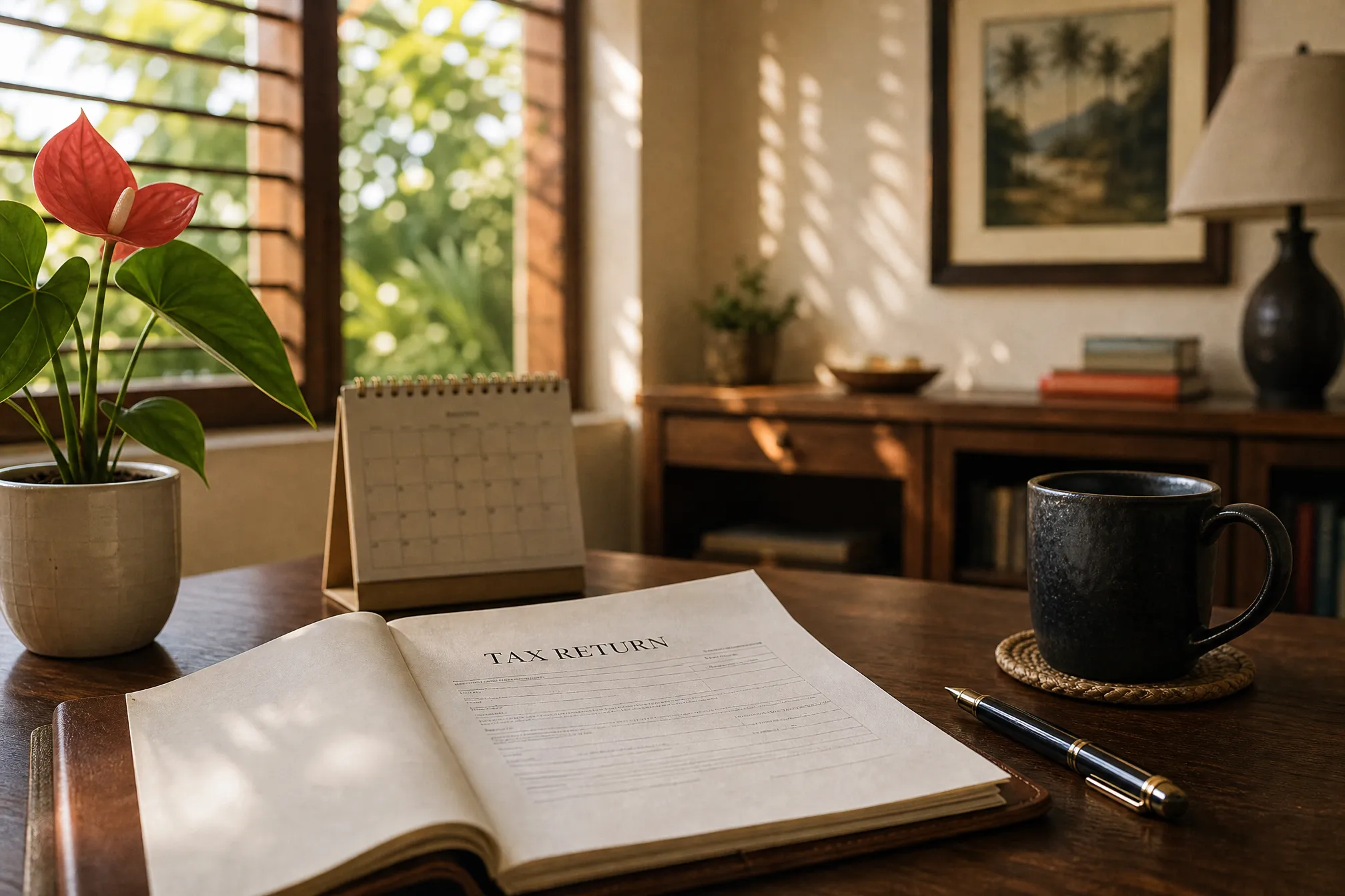 An open TAX RETURN book on a walnut desk beside a small desk calendar, a fountain pen, an anthurium in a ceramic pot, and a black coffee mug.