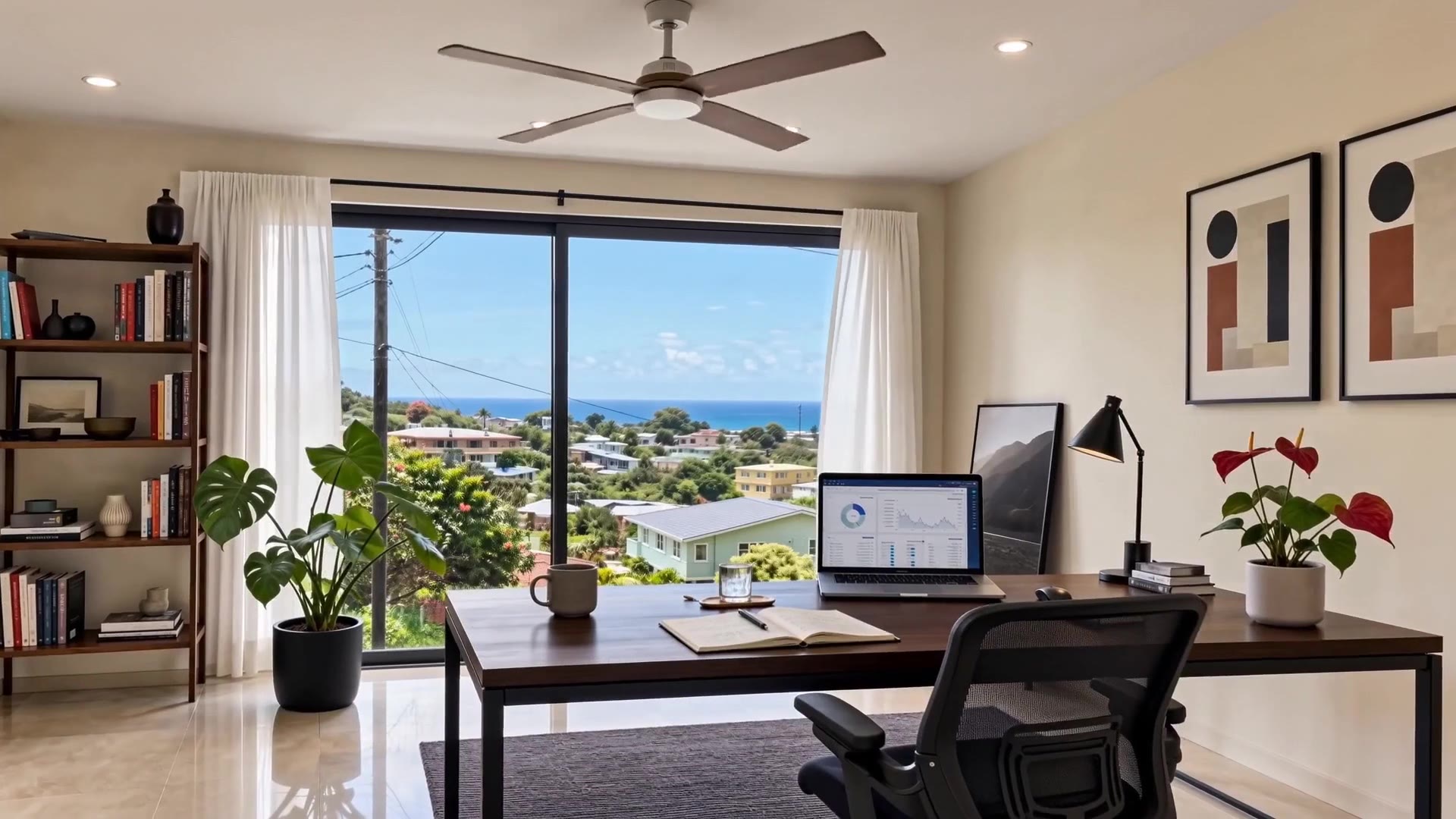 A Caribbean home office at morning light — laptop, notebook, and a view of the coastline through a sliding glass door.