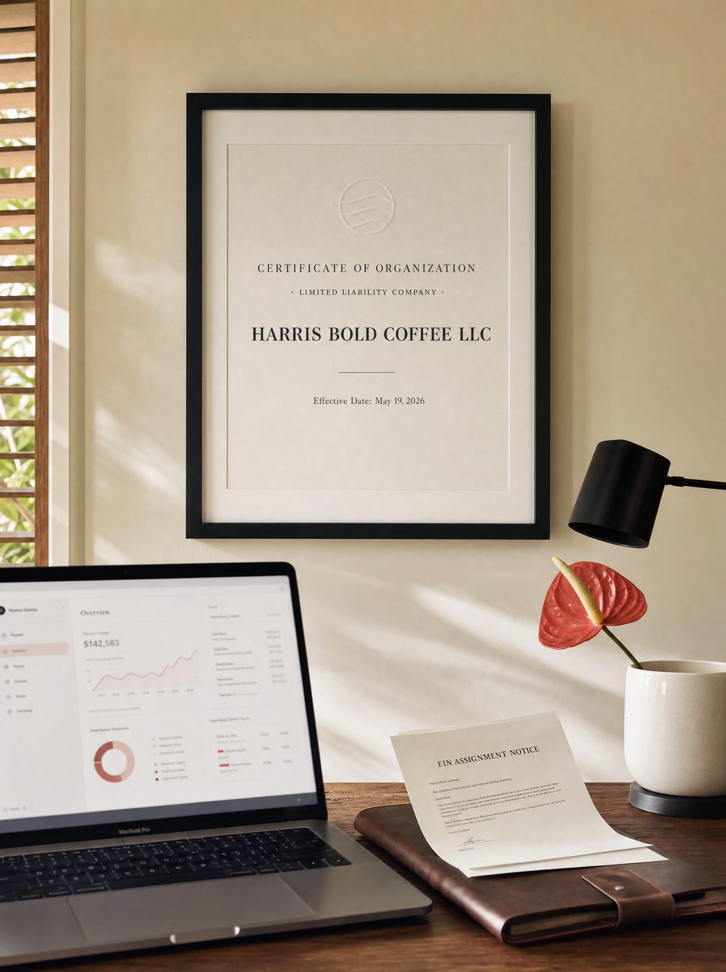 Framed Certificate of Organization hanging in a Caribbean home office.